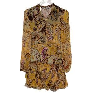 Zara XS NEW Womens Earthy Brown Paisley Chiffon Mini Dress Ruffle *flaw